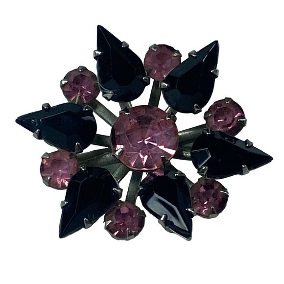 Jewelry Pink Black Silver Tone Flower Shape Pin Brooch Round Teardrop Shape Glass Stones